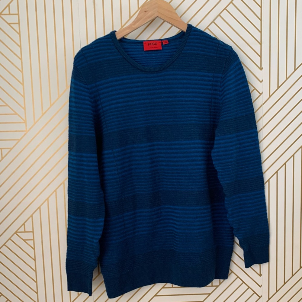 Hugo Boss 100% extrafine merino wool virgin wool striped ribbed sweater blue XXL